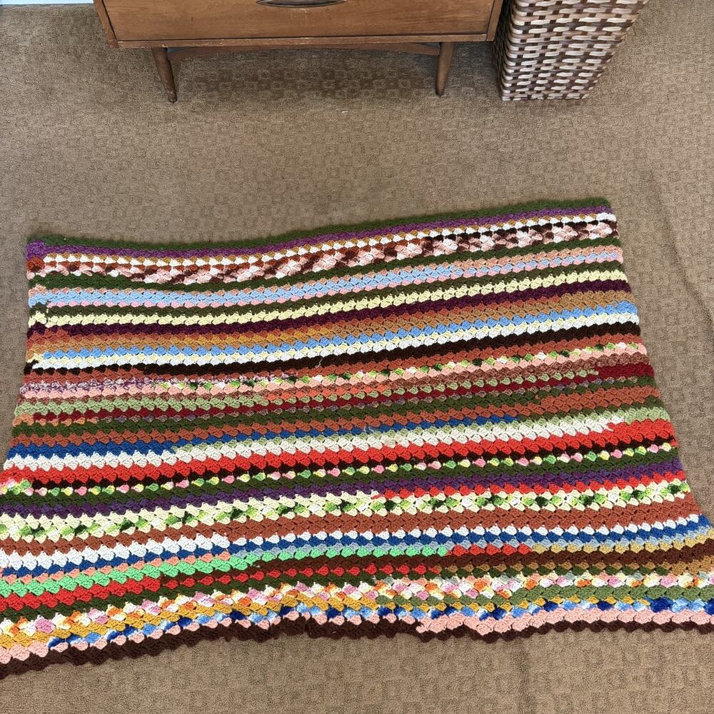 Vtg Vibrant Handmade Crochet Blanket Retro Earth Tones 70s Ripple 68x30
